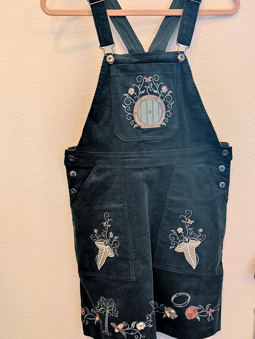 BoxLunch The Lord of the Rings Embroidered Icons Corduroy Overall Dress Green - Picture 6 of 16